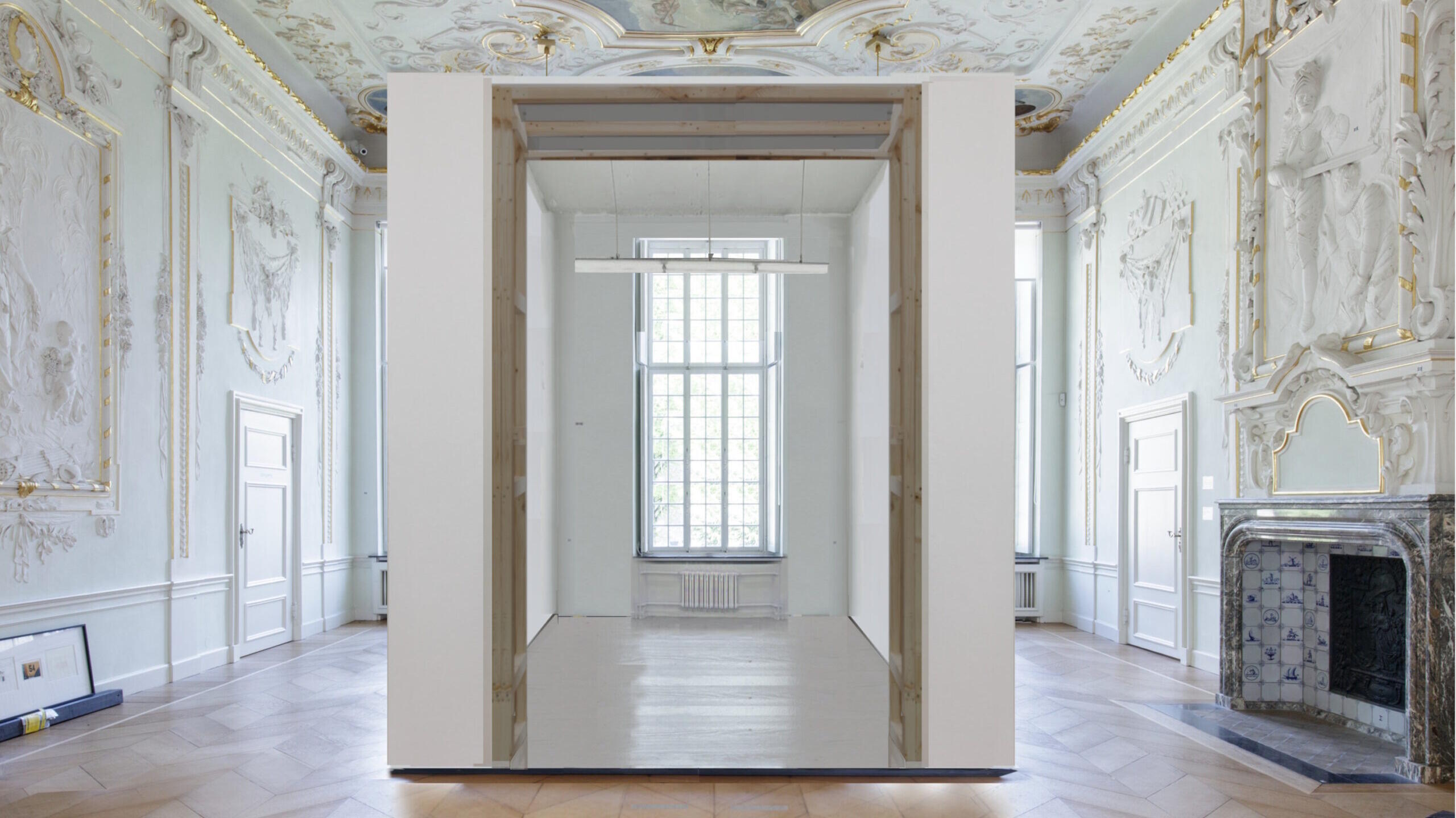 Klassenverhältnisse. Lehrende, Lernende, Künstler:innen, Ausstellung, Kunstausstellung, Düsseldorf, Kunsthaus NRW, Kornelimünster, Kaisersaal mit Animation eines Klassenraums der Kunstakademie Düsseldorf
