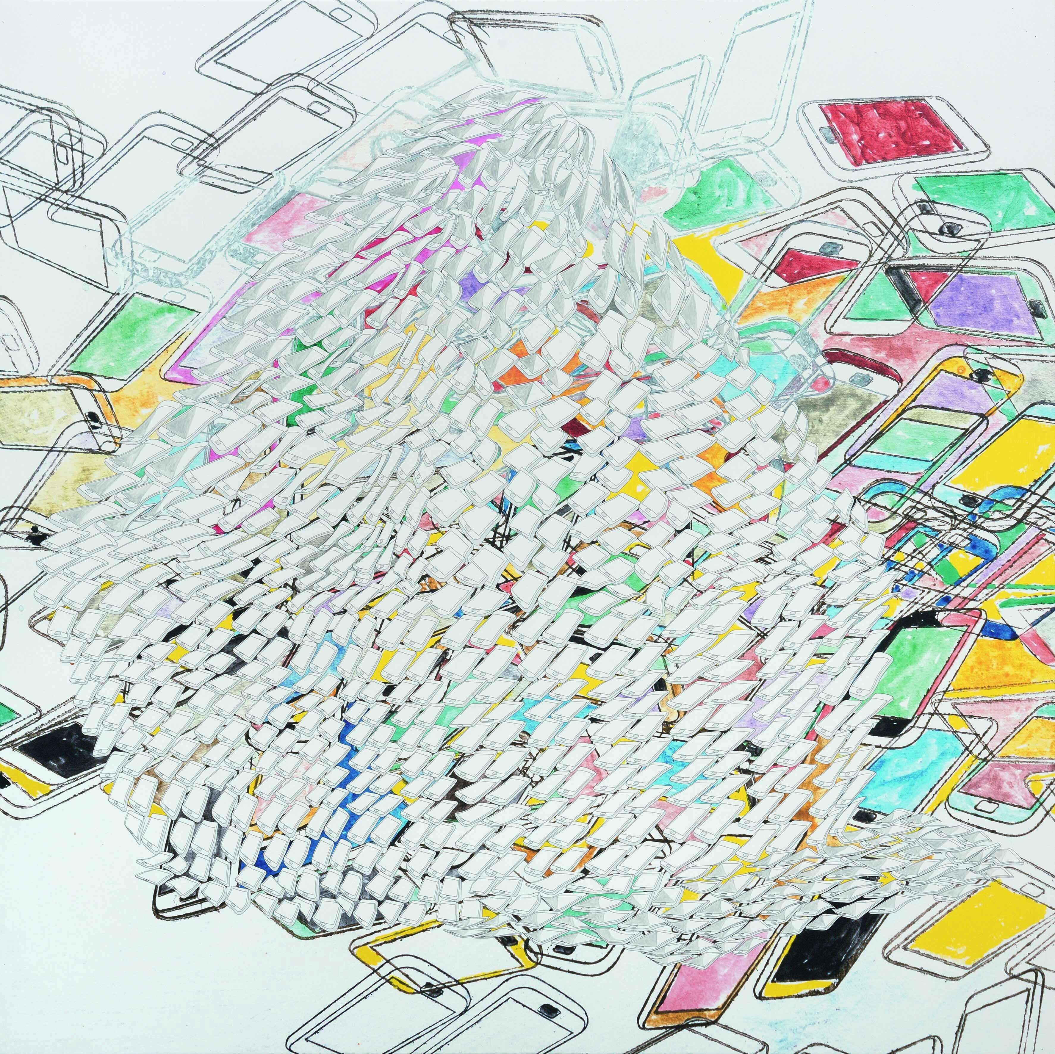 Thomas Bayrle, Fröhlich sein!, Ausstellung, Kunstausstellung, Frankfurt am Main, Schirn Kunsthalle, Ausstellungsansicht, Philip Johnson, The New York Times, Norbert Miguletz, Roll over Smartfon I